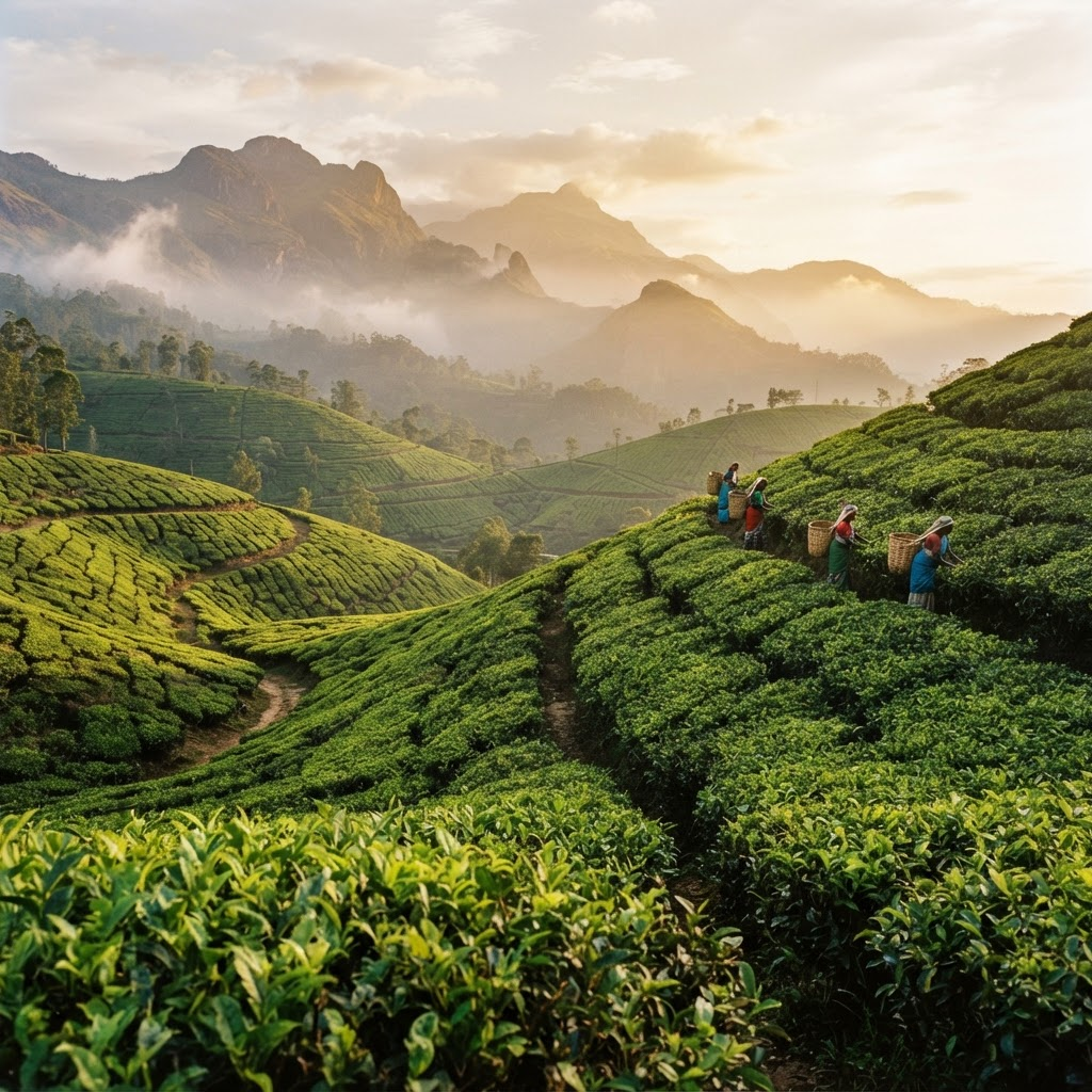 Hochland-Teegärten in Sri Lanka bei goldenem Licht